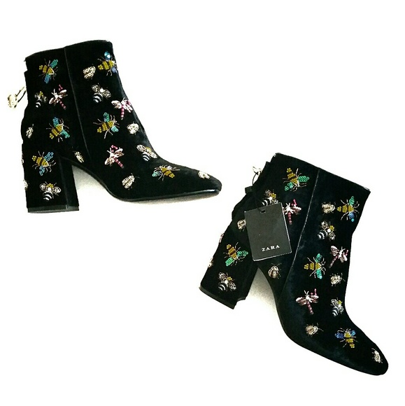 Zara Shoes - Zara Black Velvet Embroidered Ankle Boots SOLD OUT